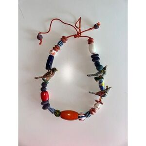 Artisan Hand Painted Bird Beaded Necklace Multicolor Wood Ceramic Folk Art Boho